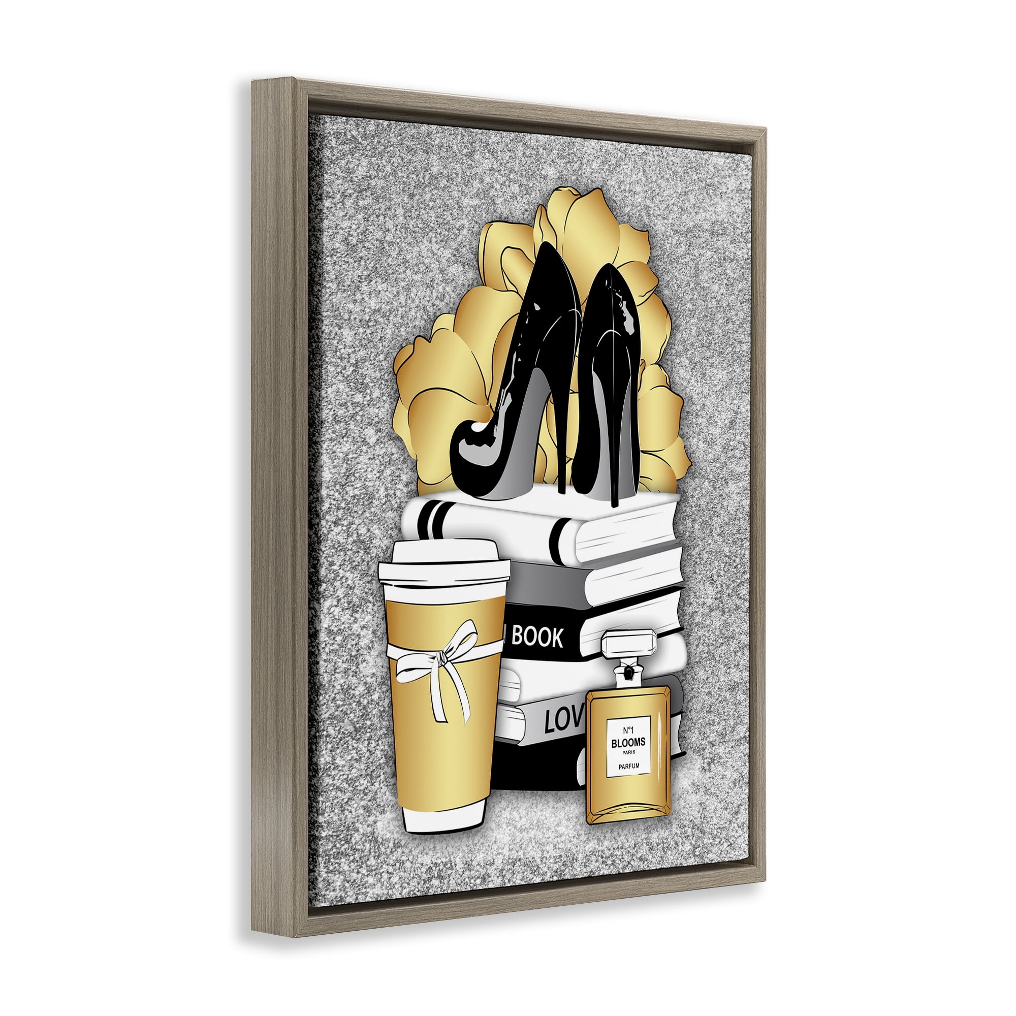 Stupell Industries Gold & Black Glam Books Beauty & Fashion Painting Brown Floater Framed Art Print Wall Art, 17 x 21