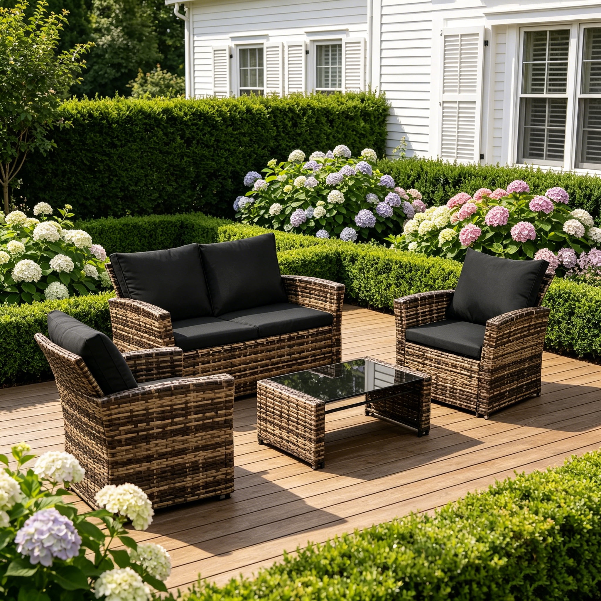 Howcool 4-Piece Patio Furniture Set,Wicker Outdoor Rattan Sectional Sofa with Cushions and Glass Table,All-Weather Outdoor Conversation Set for Garden,Porch,Backyard,Patio,Brown+Black