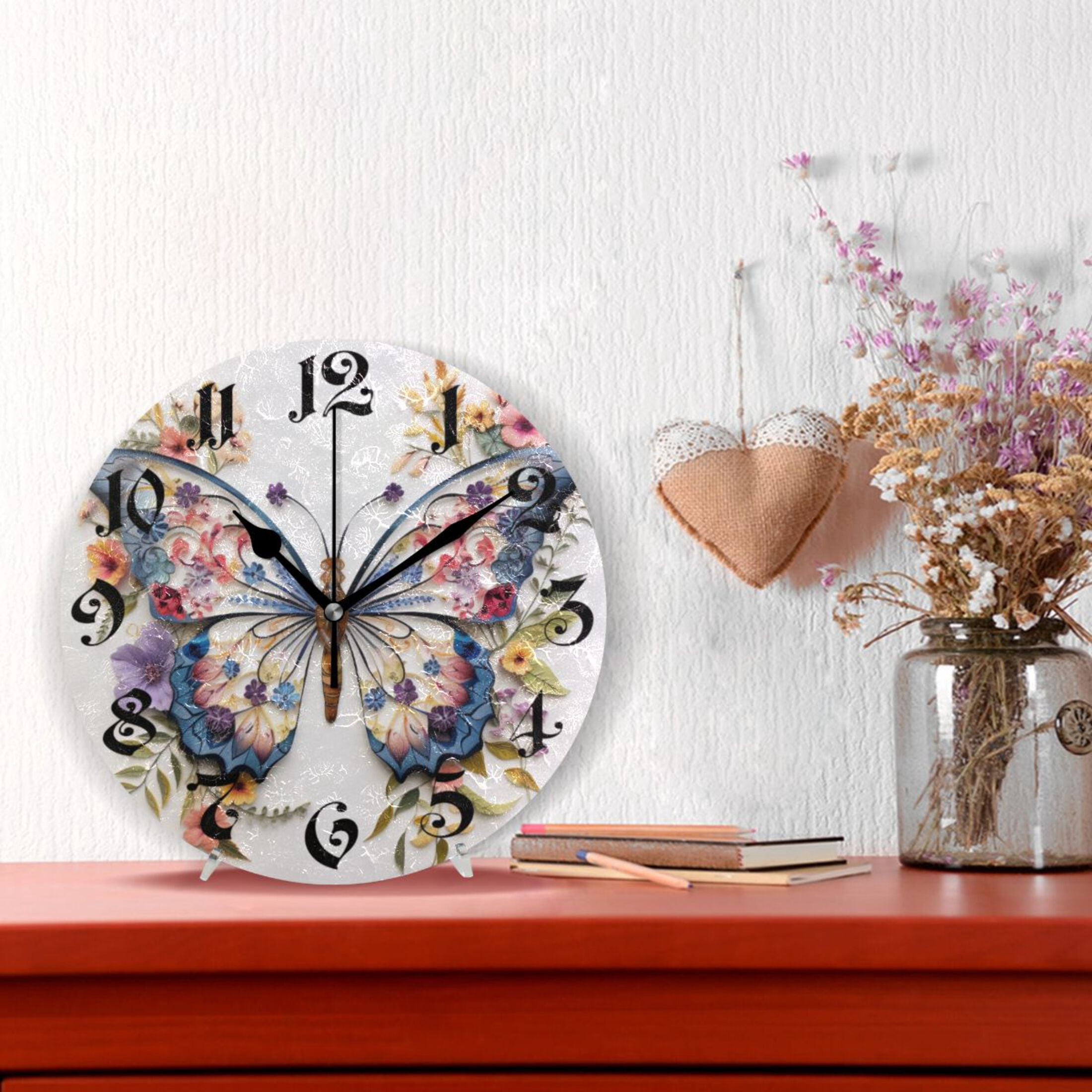 Silent Wall Clock Floral Butterfly 10" Non-Ticking Battery Clock Rustic Retro Home Decorative for Living Room Kitchen Bathroom