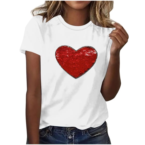 Erwazi Women's Valentine's Day T-Shirt Sparkle Heart Print Glitter Crew Neck Short Sleeve Tee Tops
