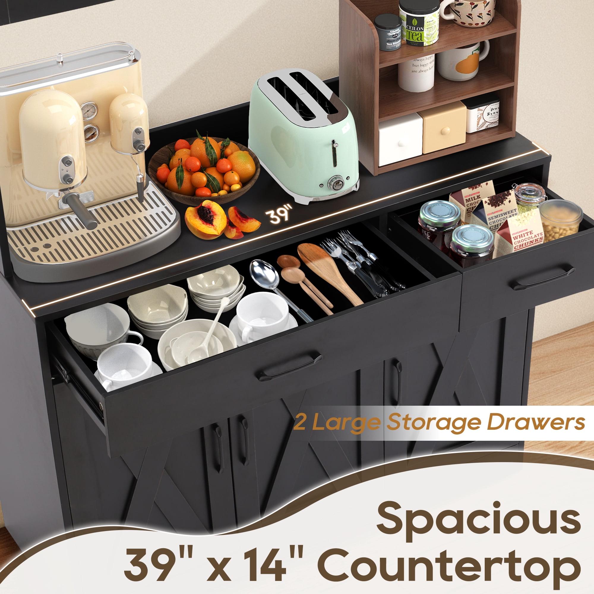 Haverchair 71" Kitchen Pantry Storage Cabinet, Farmhouse Hutch Cabinet with Microwave Stand, Tall Food Pantry Cabinets w/2 Drawers & 6 Hooks, Charging Station, Storage Cabinets for Dining Room
