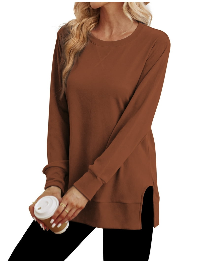 MOSHU Crewneck Sweatshirts for Women, Side Split Long Sleeve