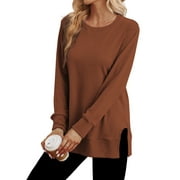 MOSHU Crewneck Sweatshirts for Women Side Split Long Sleeve Shirts Fashion Fall Womens Tops