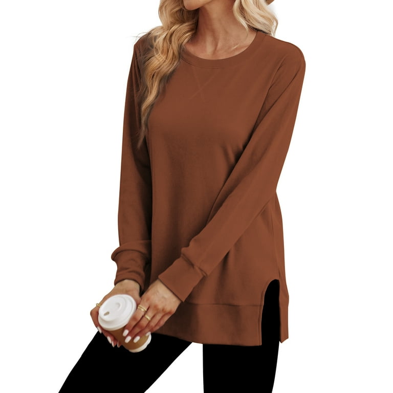 MOSHU Crewneck Sweatshirts for Women Side Split Long Sleeve MOSHU Crewneck Sweatshirts for Women Side Split Long Sleeve
