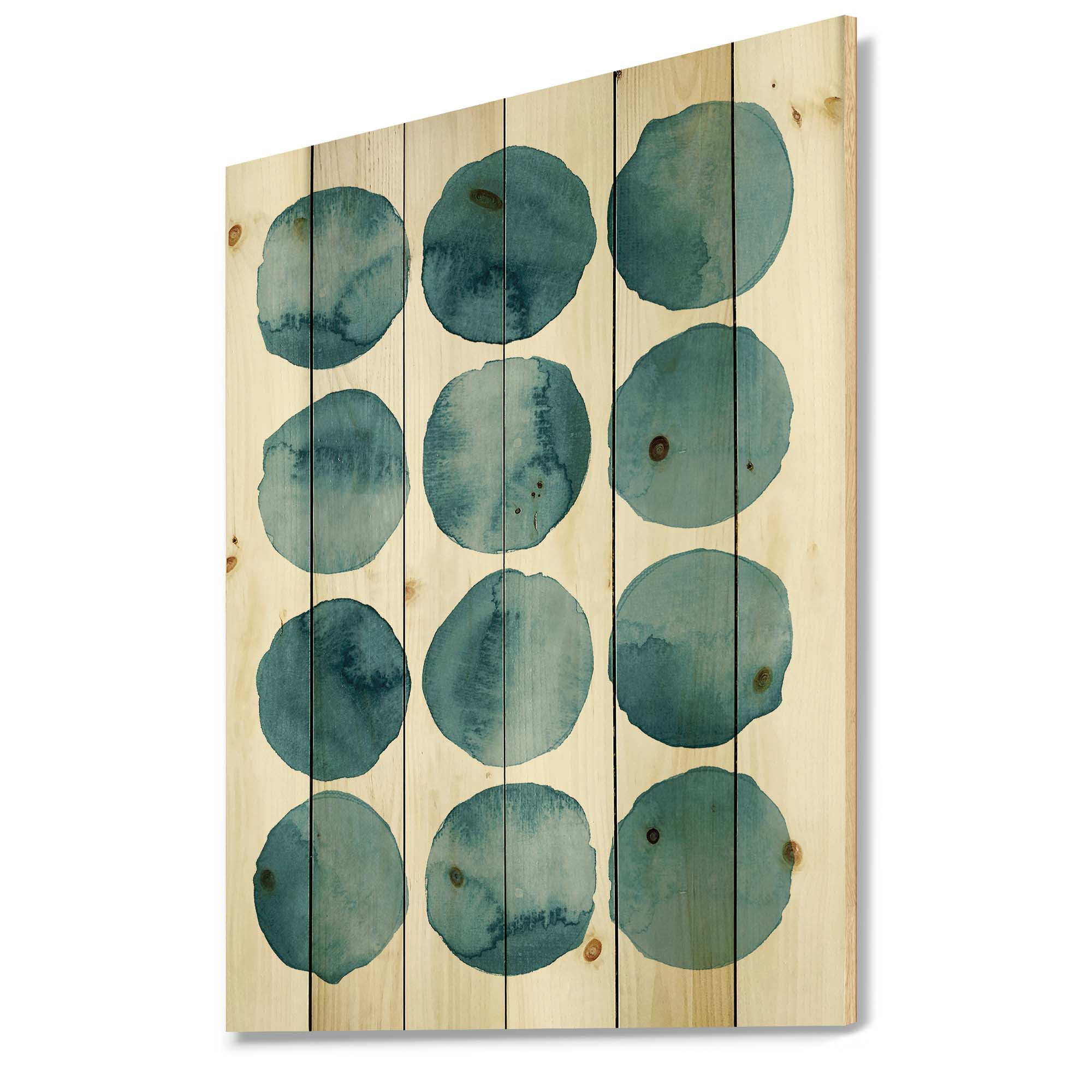 Designart 'Blue Aquamarine Circles Geometric Elements' Modern Print on Natural Pine Wood
