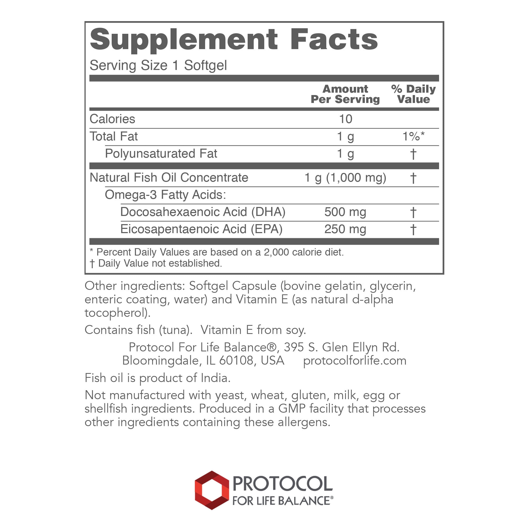 Protocol for Life Balance DHA 500 mg - EPA 250 mg - Omega-3 - 120 Softgels