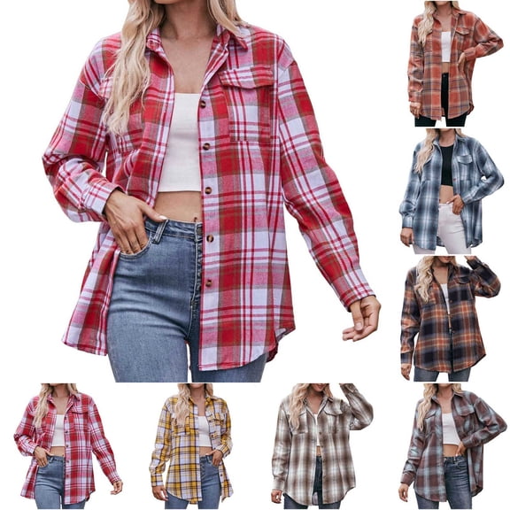 zaveiop Womens Oversized Flannel Plaid Shirts Casual Button Down Blouse Tops with Pockets (Brown, XL)