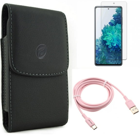 Screen Protector & Case Belt Clip & 6ft USB-C Cable for Samsung Galaxy S20 Fan Edition - Anti-Glare Tempered Glass   Leather Holster   Pink Charger Cord Combo