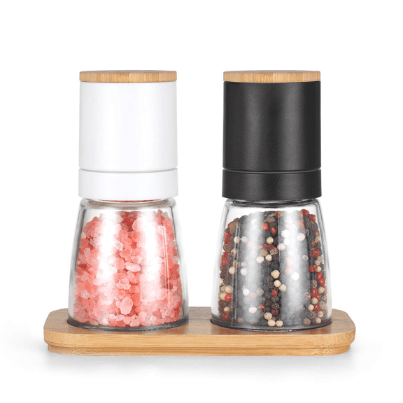 Vucchini Salt and Pepper Grinder Set of 2 - Adjustable Refillable Ceramic Himalayan Salt and Pepper Mill - Bamboo Lid and Wood Stand - Black and White