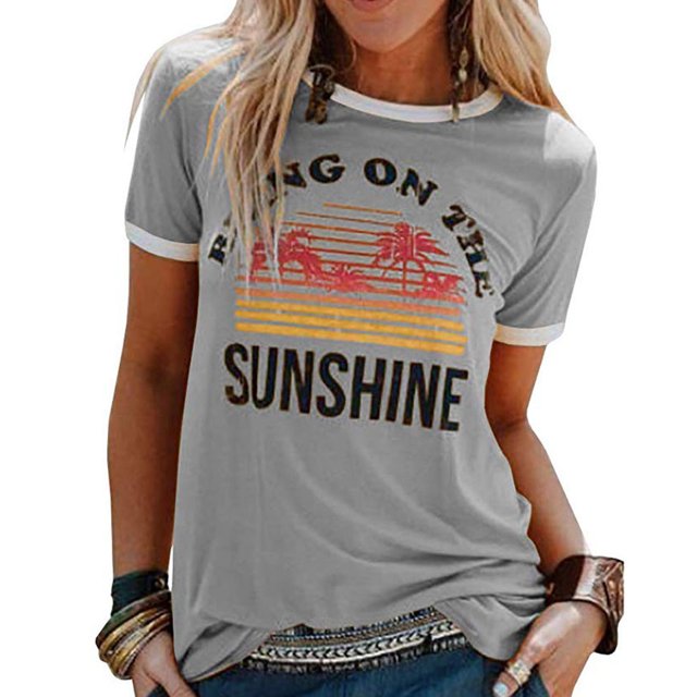 Camiseta de manga corta estampada para mujer, cuello redondo, camisa informal de verano, Tops para oficina, cita nocturna, salida gris XXL