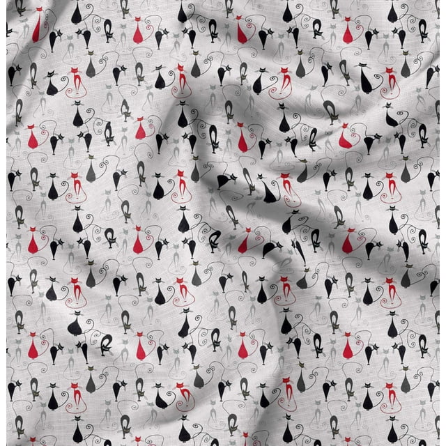 Soimoi Rayon Crepe Fabric Cat Animal Printed Fabric 1 Yard 46 Inch Wide