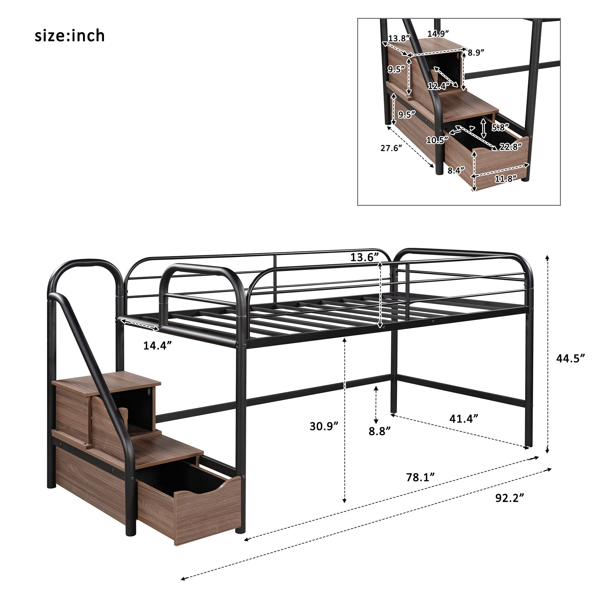 Low Loft Twin Metal Bed with 2 Big Storage Steps, Toddler Kids Modern Metal Bed Frame, Heavy Duty Bed, Multifunction Design Bed Bedroom Furniture, Space-Saving, No Box Spring Needed (Brown)