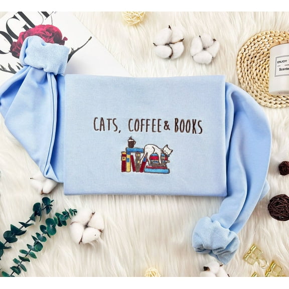 Cat Book Coffee Embroidered Sweatshirt