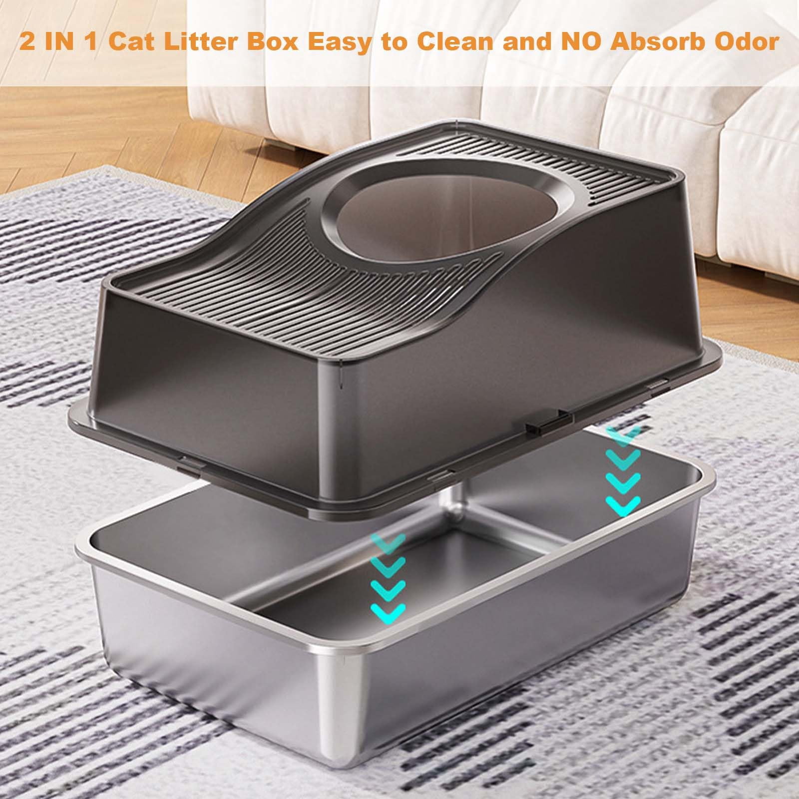 Yeshouse Stainless Steel Litter Box with Lid, Extra Large Enclosed Cat Litter Box for Big Cats, Anti-Leakage Metal Kitty Box with High Sided Enclosure Scoop Pedal & Non-Slip Mat Easy to Clean