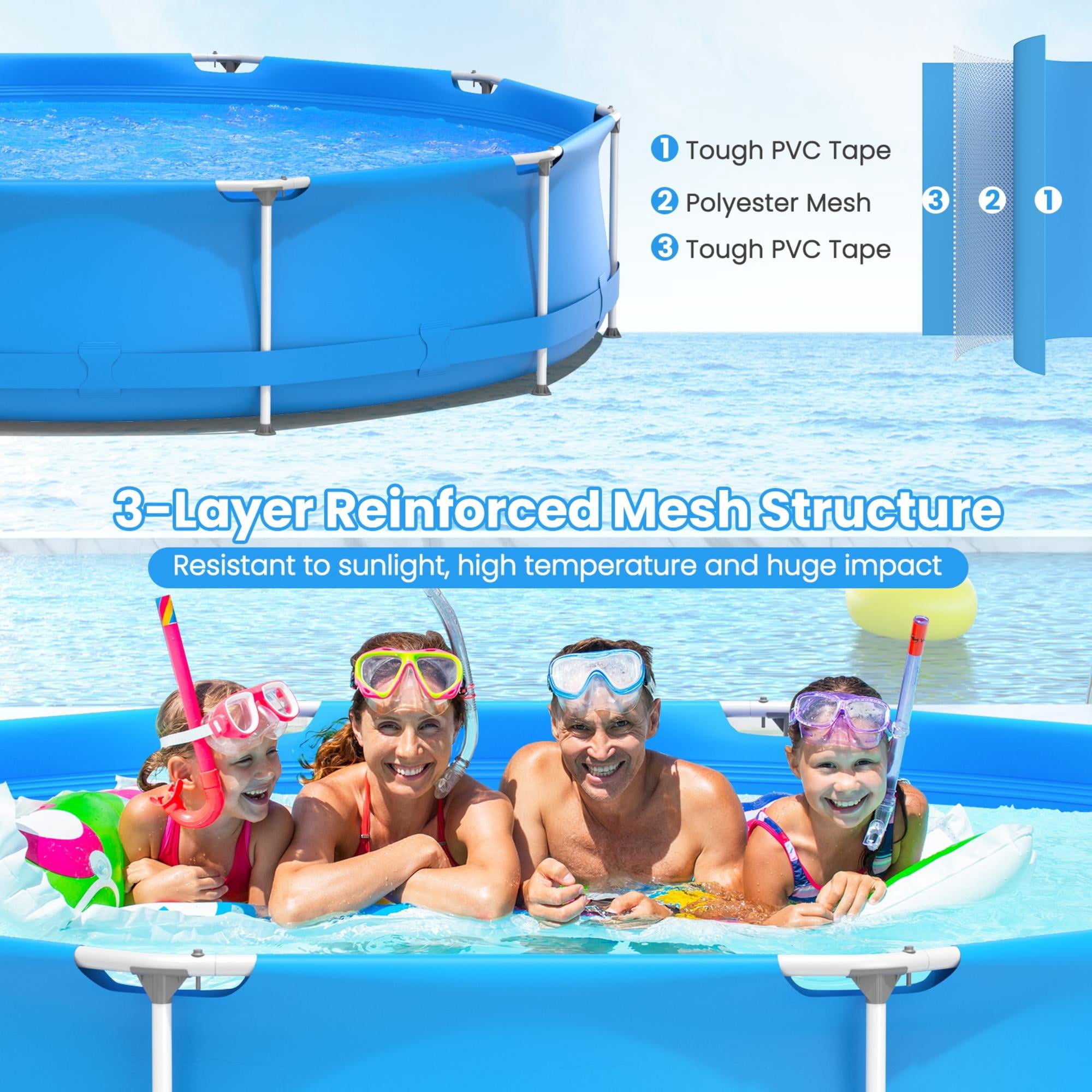 11.8 ft Round Above Ground Swimming Pool with Pool Cover, 3 Layer PVC Sidewall Metal Frame Pool for Backyard, Outdoor Family Pool for 3-4 People, Blue