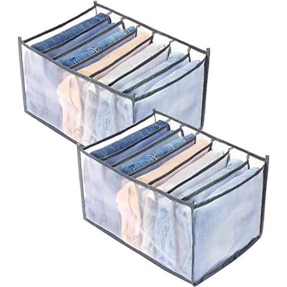 Jeans Wardrobe Clothes Organizer, Mesh Drawer Organizers for Trousers,Closet Organizers,Foldable Drawer Dividers for 7pcs Jeans,Gray,2Pcs