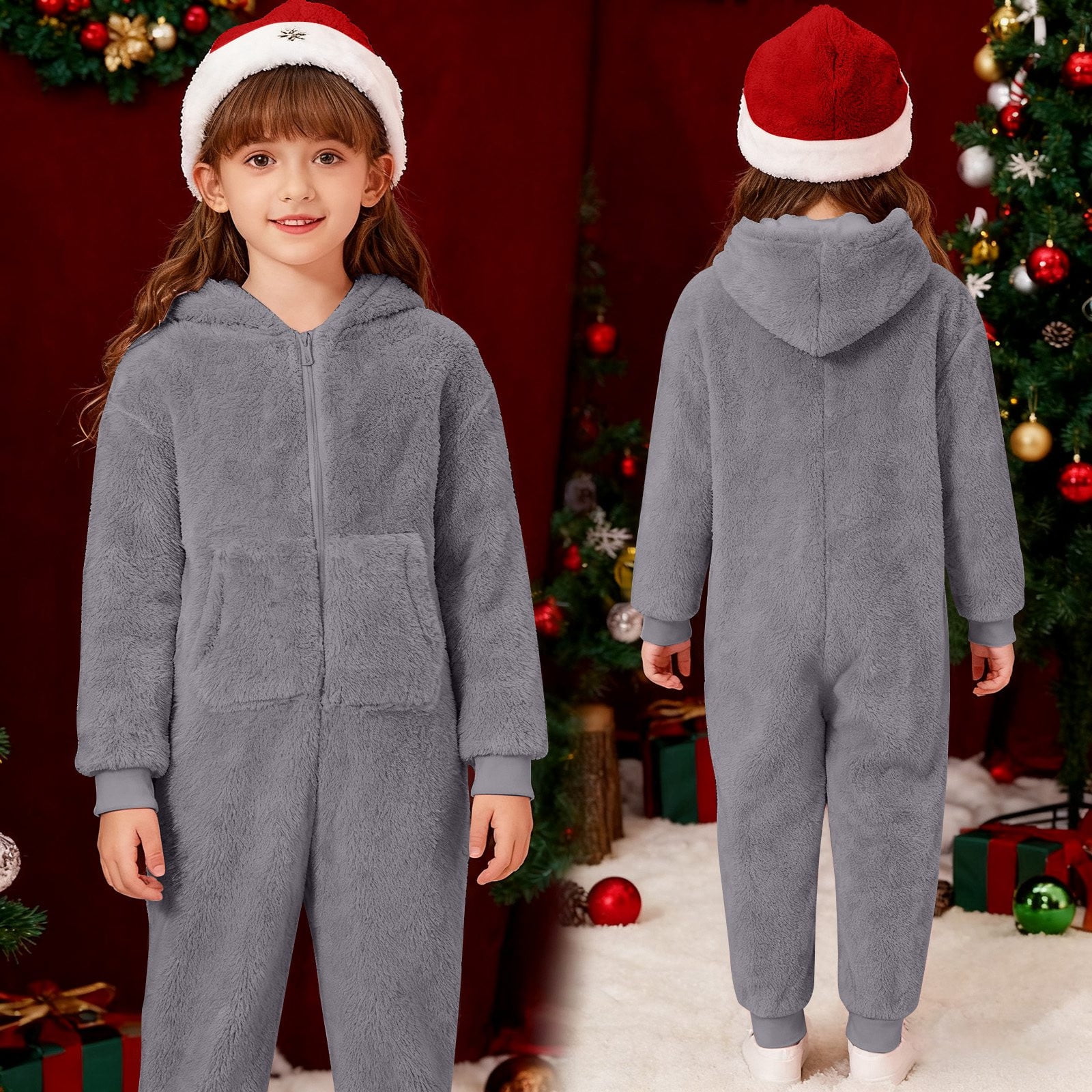 Adeawade Boys Onesie 9-10 Years Long Sleeve Round Neck Boys Warm Hooded Onesie Jumpsuit Winter Warm Lined Pajama Outfit For Toddler Kids Basic Wear Grey