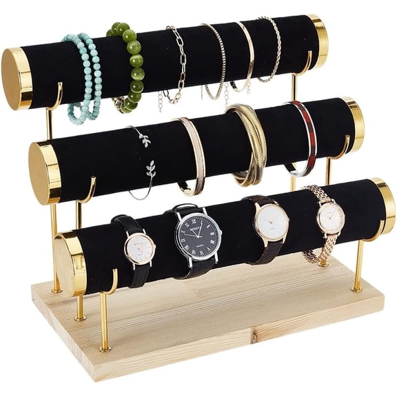 3 Tier Bracelet Holder Black Golden Velvet Watch Display Stands With Wooden Base Detachable Jewelry Display Rack For Bracelets Wristlets Bangles Watches Storage Trade Shows