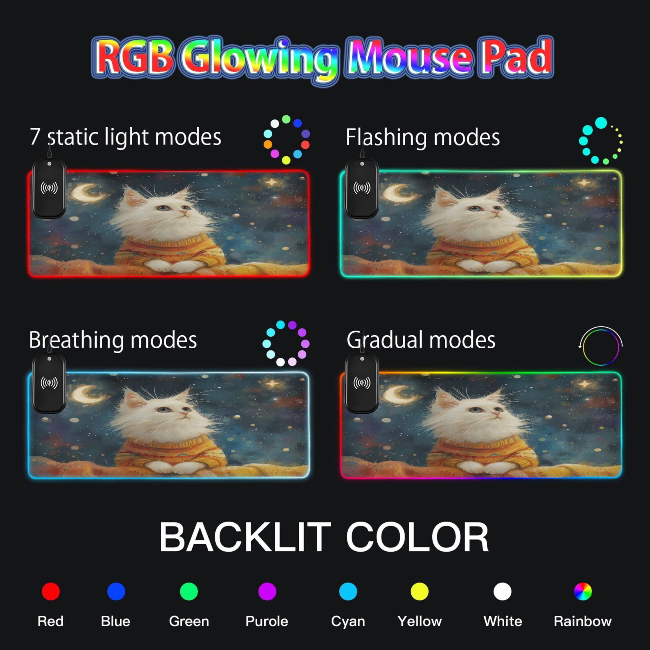 Wireless Charging Mouse Pad Large RGB Gaming Desk Mat 13 Light Modes Mousepad 31.5x11.8 Lovely Cat and Moon Star