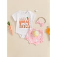 thumbnail image 4 of Gzhioc Baby Girl Easter Outfits 3 6 12 18 Months Toddler Girls Summer Clothes Rabbit Ears/Letter Print Crew Neck Short Sleeve Romper Shorts Headband 3Pcs Clothes Set, 4 of 9