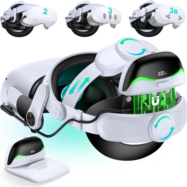 DXKK pour Oculus Quest 2, Sangle de Tête avec Bloc-Piles - Magnétique et Autonomie Prolongée de 6 H et Affichage Numérique, Cadrans Doubles, Mode Réalité à Commutation Rapide, Confort VR