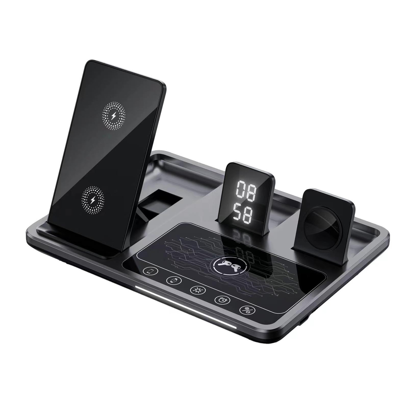 2025 4-in-1 Wireless Charging Station with Alarm Clock, Fast Charging Dock for Multiple Devices, Foldable LED Light Stand for Phones, Earbuds & Smartwatches