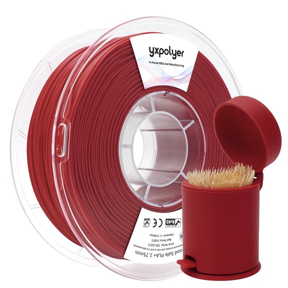 YXPOLYER PLA Filament Food Grade 1.75mm 1kg for 3D Printing, PLA Red 3D Printer Filament AMS-Compatible