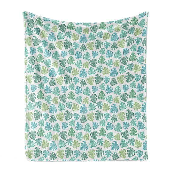 Tropical Soft Flannel Fleece Throw Blanket, Abstract Design Green Tones Exotic Leaves Tropic Botany on Plain Background, Cozy Plush for Indoor and Outdoor Use, 50" x 70", Multicolor, by Ambesonne