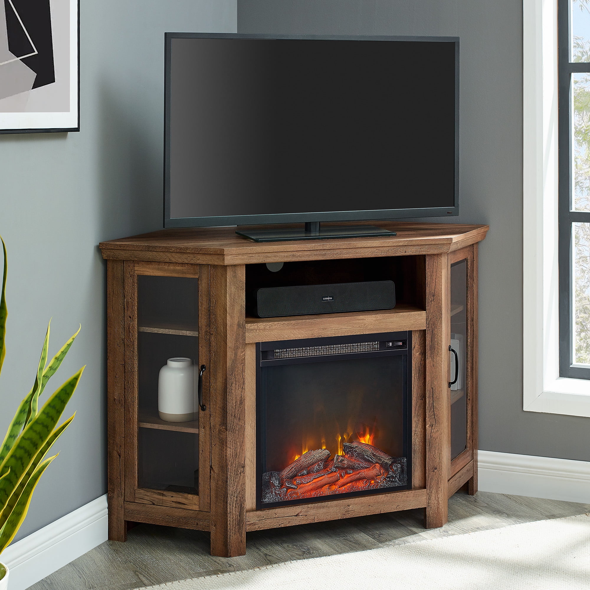 Walker Edison Rustic Oak Corner, Corner Tv Stand With Fireplace 65 Inch