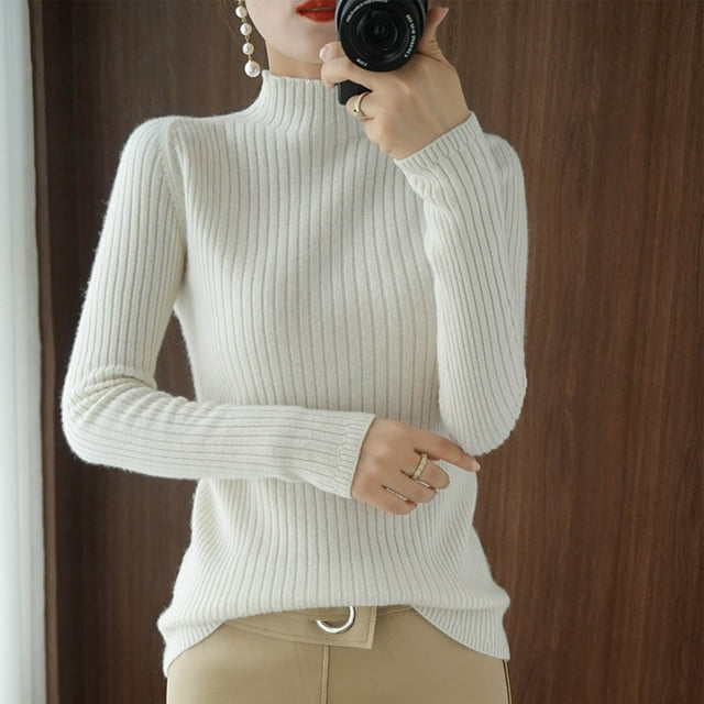 EGNMCR Chandail Col Rond Mode Femme Décontracté Semi-Haut Couleur Unie Base Ample Tricot Femme Blouse en Polyester