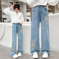 thumbnail image 3 of Girls Denim Pants Casual Wide Leg Jeans Fashion Slimming Relaxed Elastic Waist Cute Embroidered High-Waisted Trousers, Sky Blue, 11 Years, 3 of 4