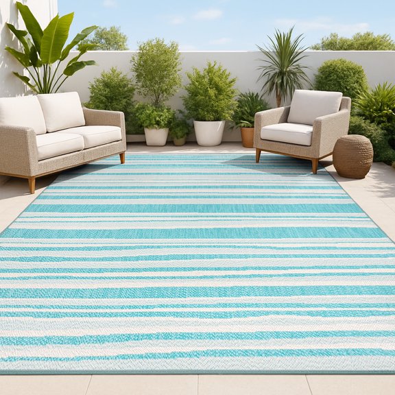 JONATHAN Y SANTA MONICA 3 x 5 Area Rug, Castara Wavy Stripe - Aqua/Cream, SMB205A-3