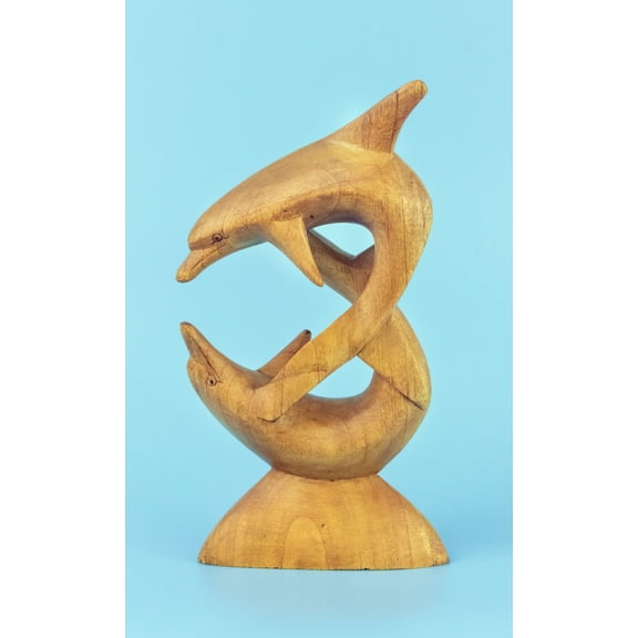 G6 Collection Wooden Hand Carved Two Dolphins Playing Statue Sculpture Wood Decor Accent Fish Figurine Handcrafted Handmade Seaside Tropical Nautical Ocean Coastal