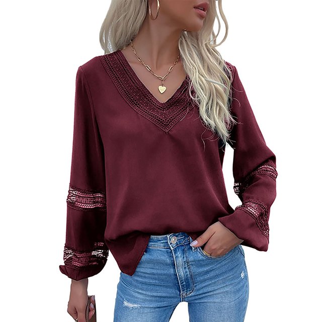 Blusas de manga larga con cuello en V, blusa de manga larga con encaje para mujer, blusas de manga larga de color puro, blusa de manga larga de máxima eficiencia