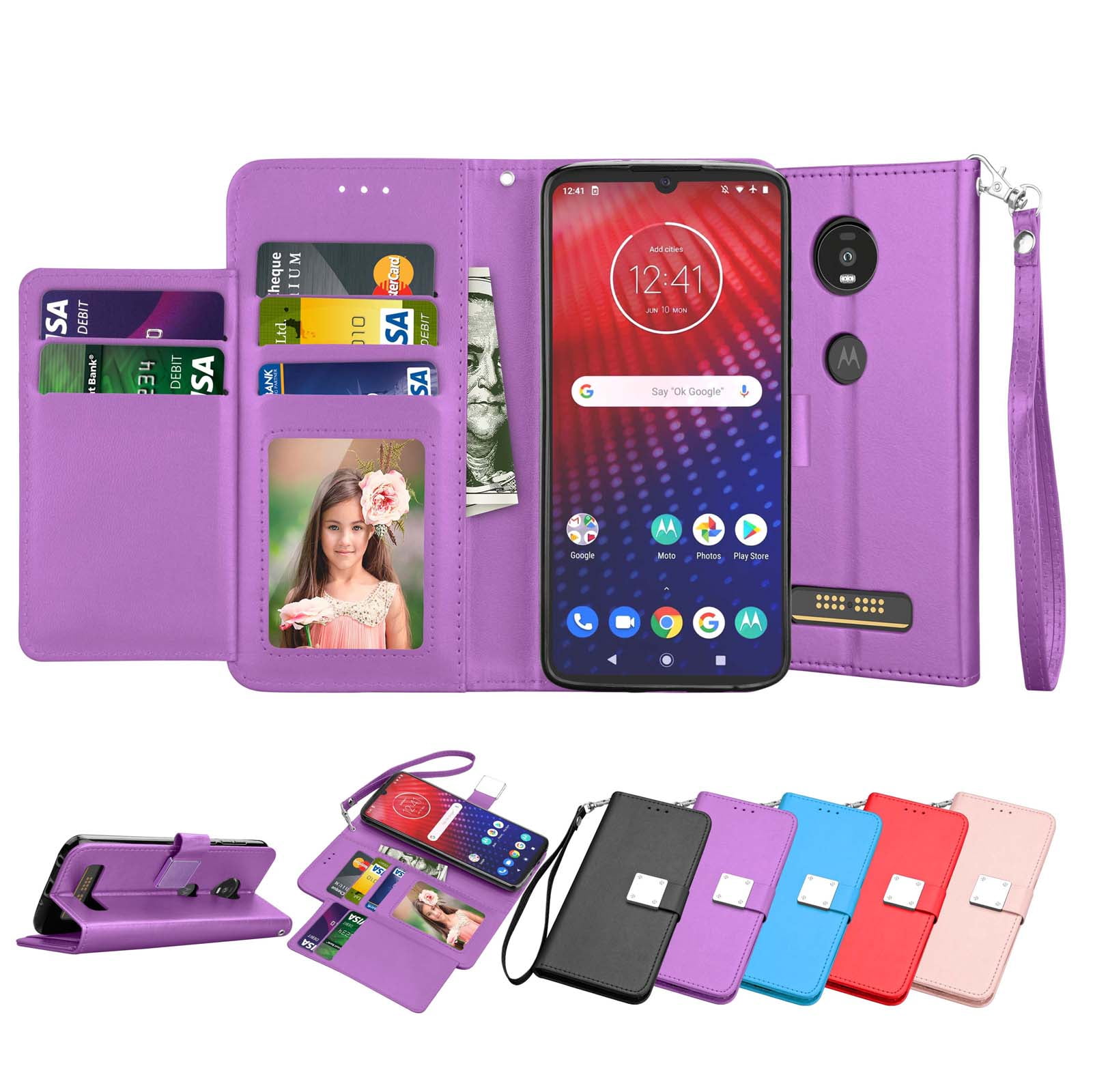Motorola Z4 Case, Moto Z4 Wallet Case, Z4 Play PU Leather Case, Tekcoo