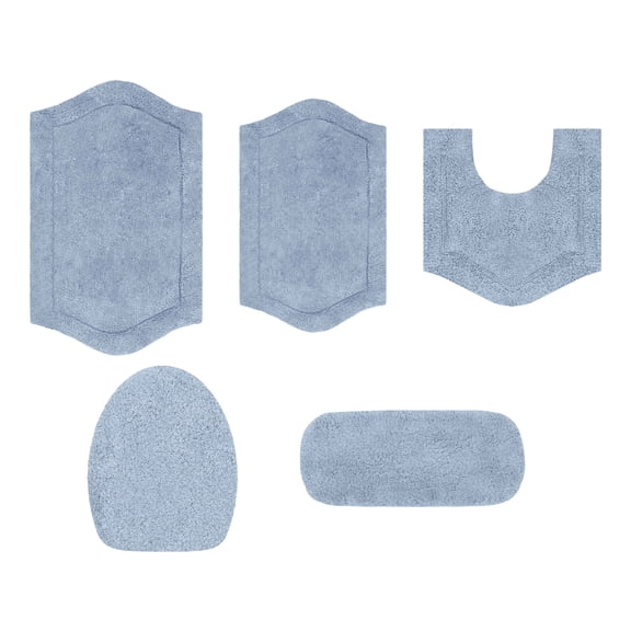 Home Weavers Inc Waterford Collection 100% Cotton Non-Slip Bathroom Rug Set, Machine Washable Bath Rug, 5 Piece Bath Mat Set with Tank Lid Cover Blue