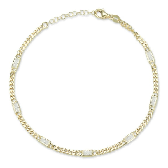 Adesso Milano Jewelry 14K Gold Plated Sterling Silver Curb Chain Anklet for Women with Baguette CZ Stones, Womens Ankle Bracelets