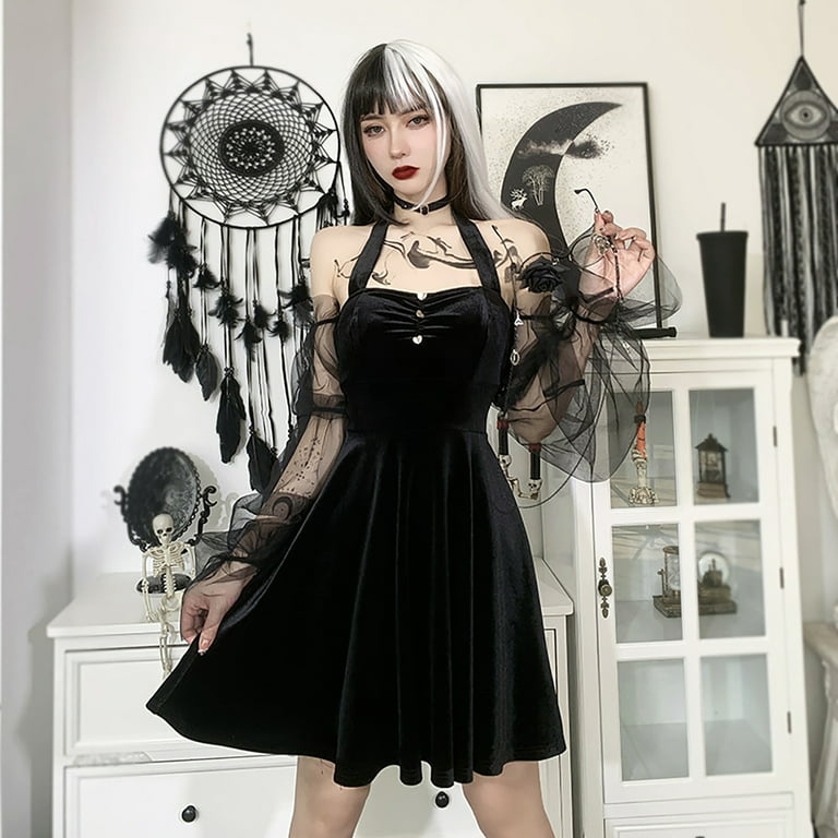 Women Gothic Dress Sleeveless Hollow Out Button Mesh Patchwork Punk Dress 