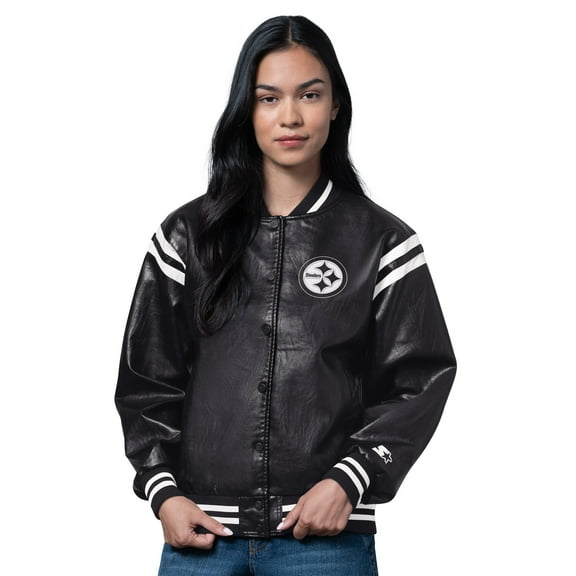 Women's Starter  Black Pittsburgh Steelers High Heat Vegan Leather Full-Snap Varsity Jacket
