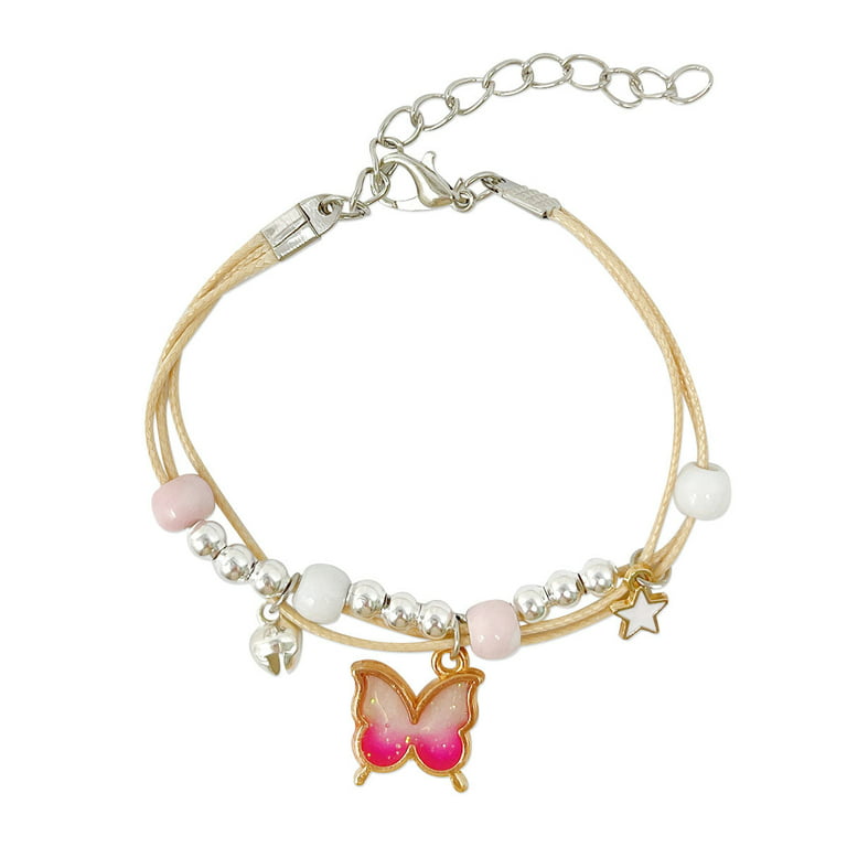 Butterfly Bracelet for Girls, Pink Beaded Bracelet, Pink and Gold Bracelet,  Children's Jewelry, Stretch Bracelet for Kids, Charm Bracelet 