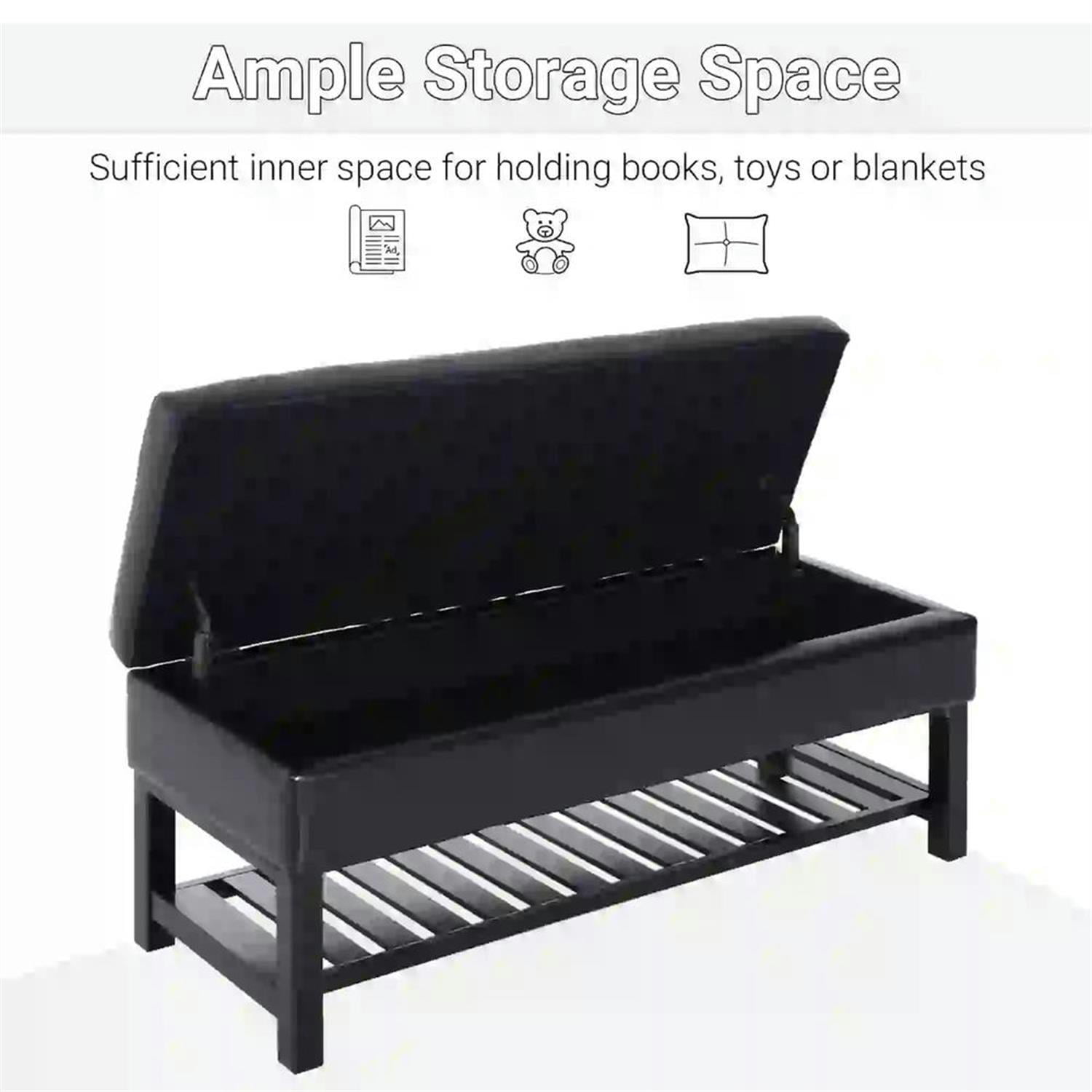 Demi Bonn Modern Storage Ottoman Bench with Shoe Rack, 44" Tufted Faux Leather, Space-Saving Footrest, Sturdy Bench, Black