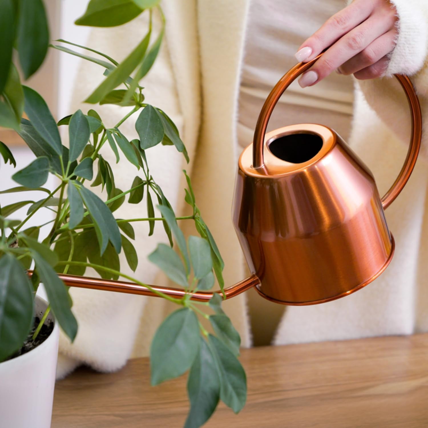 Plexon Rose Gold Metal Watering Can Indoor Plants 40 oz, Stainless Steel Long Spout Watering Can Outdoor House Plant Flower, Garden