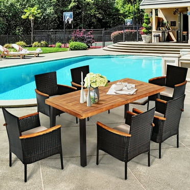 Costway 7PCS Patio Rattan Dining Set Chair Cushion Acacia Wood W/Umbrella Hole