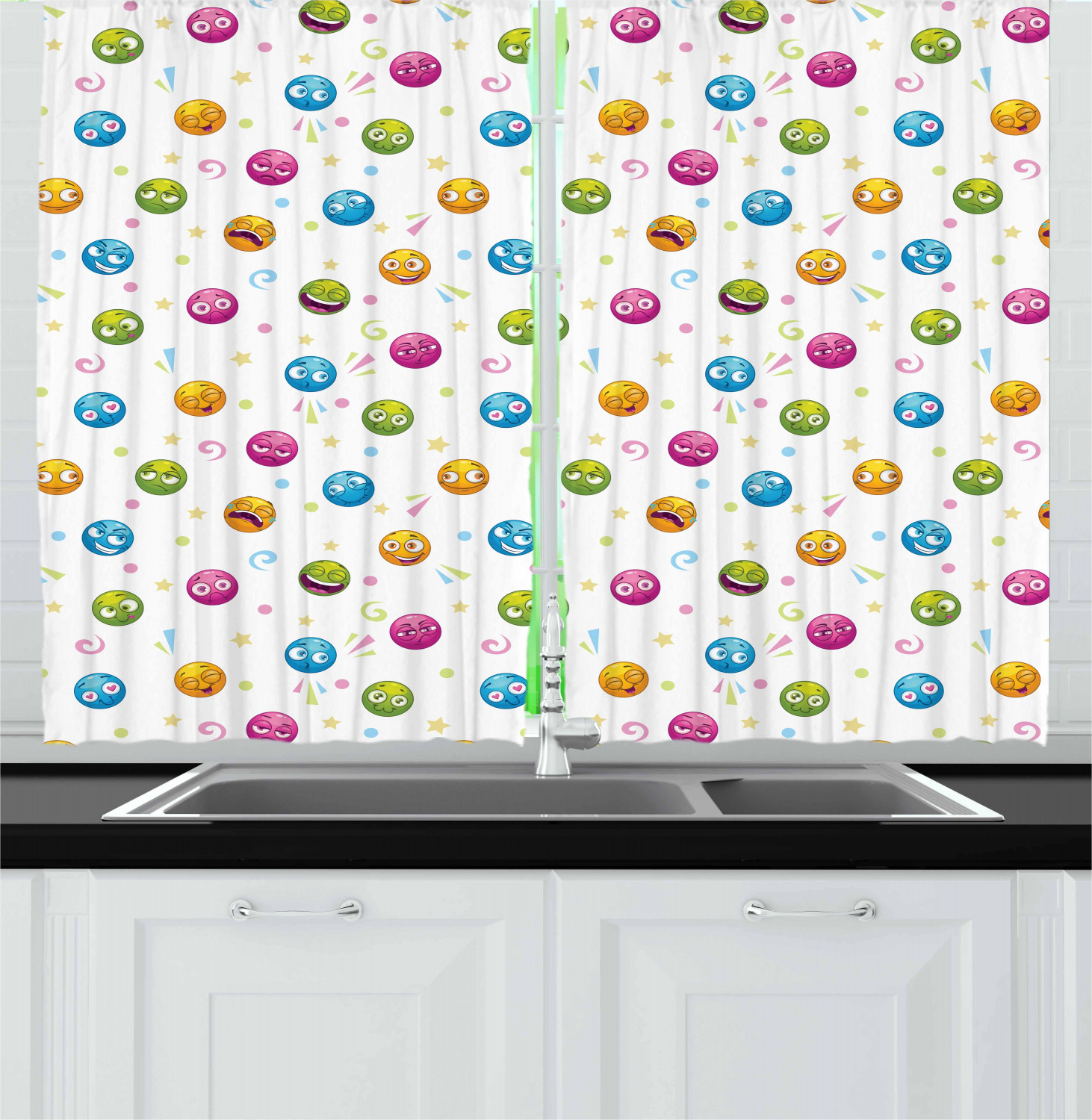 Emoji Curtains 2 Panels Set, Round Faces in Different Colors with