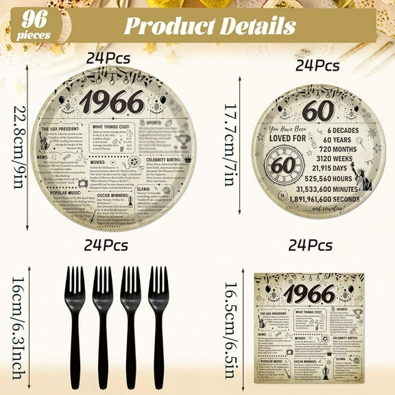 YNTVV-60th Birthday Plates and Napkins Party Decorations for Women Men, 1966 60th Vintage Birthday Disposable Paper Tableware Decoration, 60 Year Old Themed Forks Party Supplies Serve 24