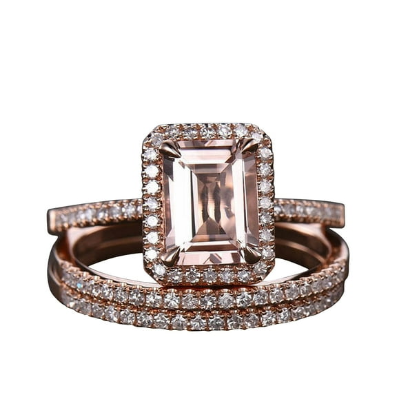 9x7mm 4.75 Carat Emerald Cut Morganite Wedding Set Diamond Moissanite Bridal Ring 10k Rose Gold Thin Eternity Band Half Eternity