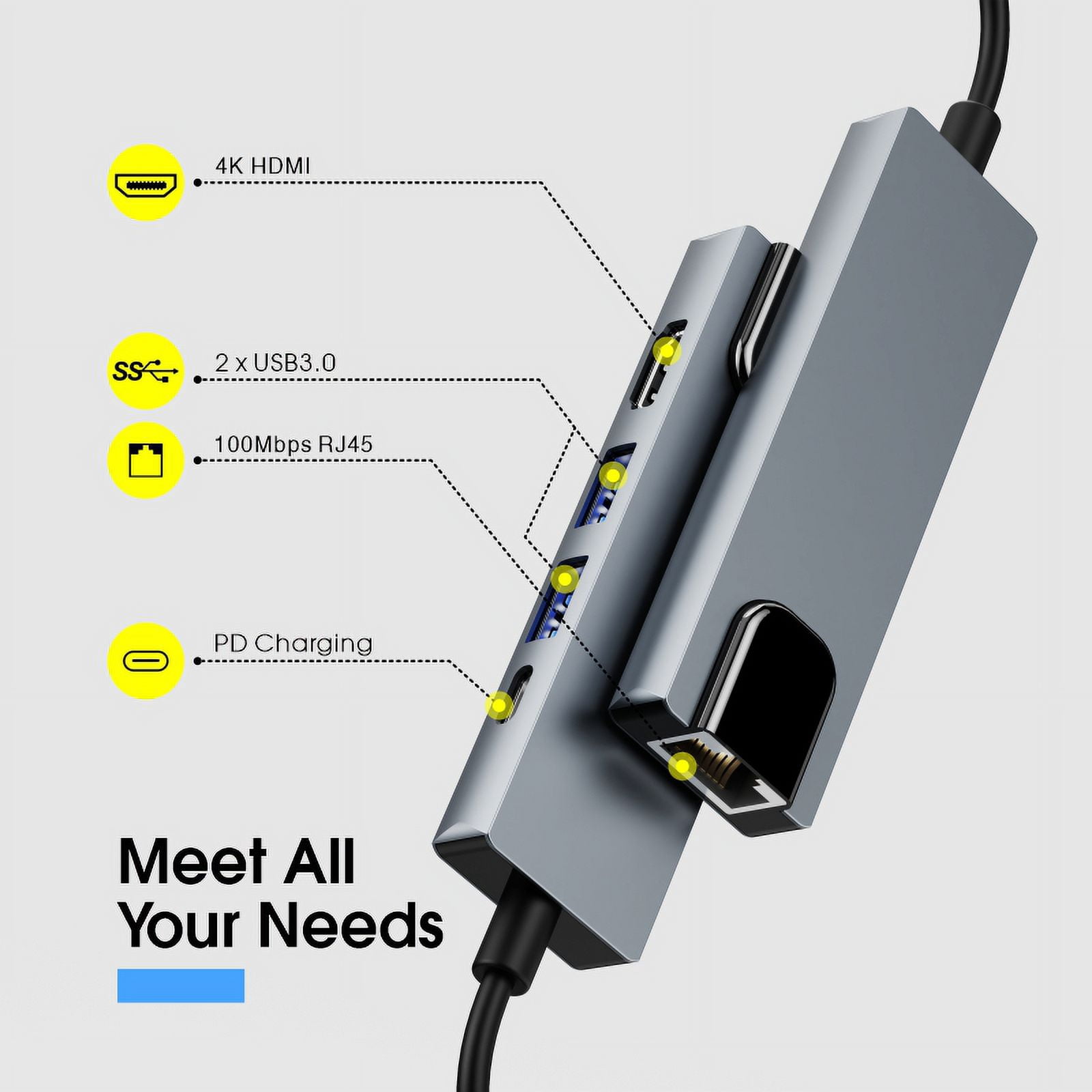 DOONJIEY  PD 87W RJ45 Ethernet 4K HDTV 5 In 1 Hub Aluminum Alloy Multiport Type C USB Adapter Hub for Laptop