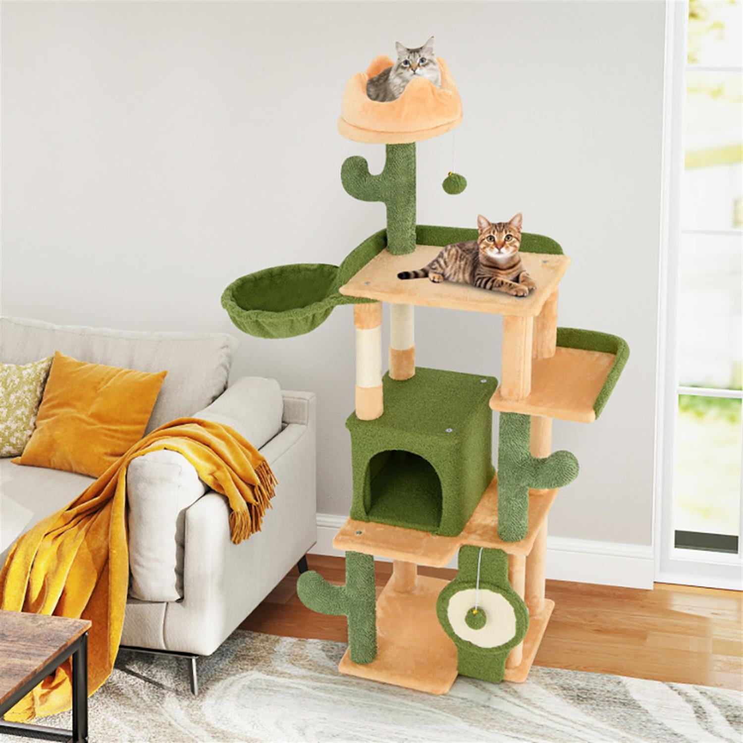 Kadyn 63" Cactus Cat Tree with Toy, Cat Tower Condo for Indoor Cats with Cozy Hammock, Sisal Scratching Posts and Board, Green