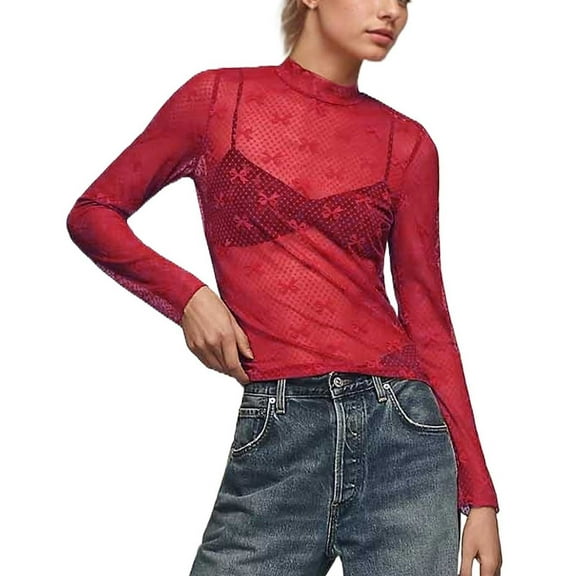 Lace Undershirt For Women Long Sleeve Sheer See Through Mock Neck Floral Embroidery Sheer Blouce Fishne Ladies Clothing,Red,S
