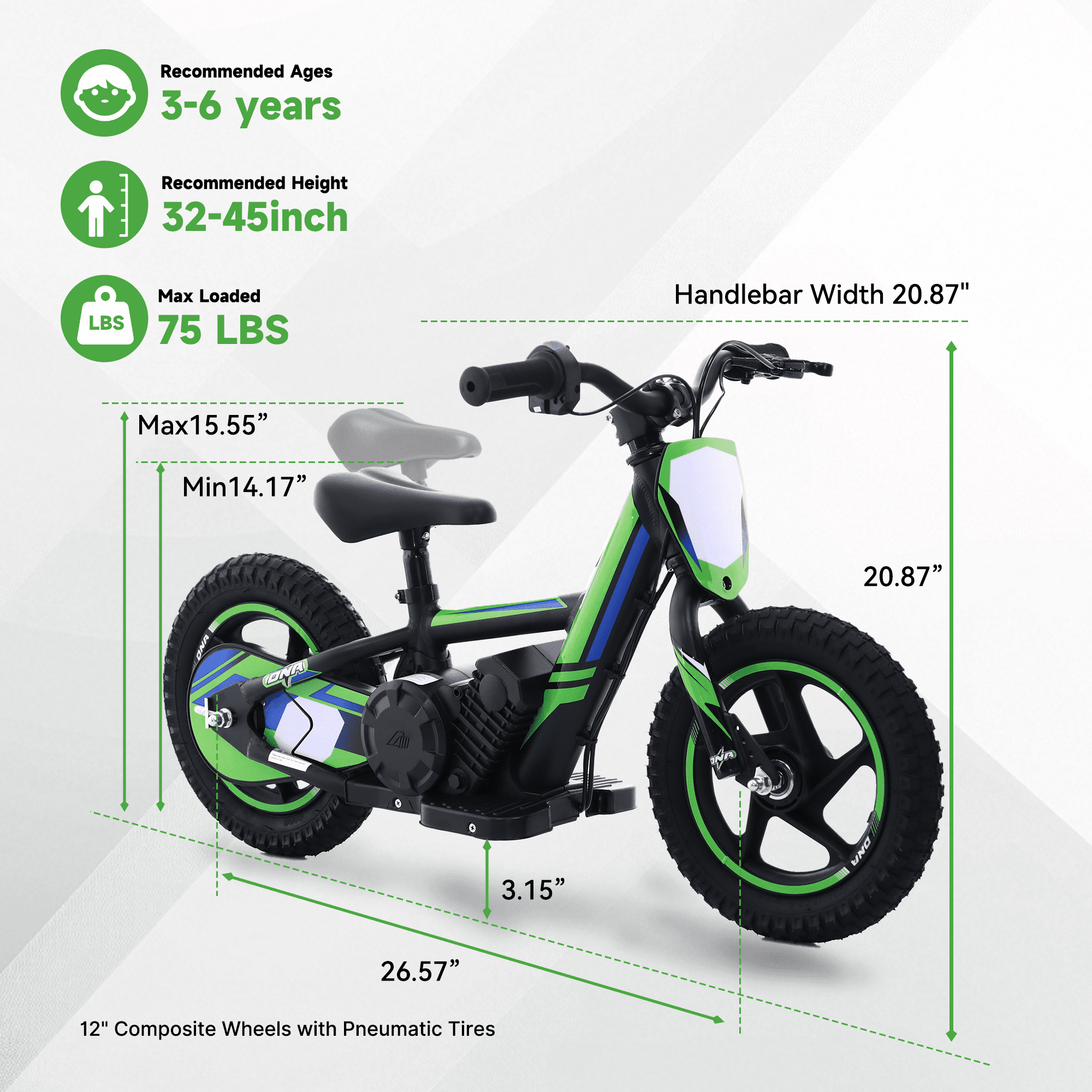 24V Electric Dirt Bike for Kids, Detachable Battery, 10MPH Max Speed, 12 inch Tires Fit Ages 3-6, Green